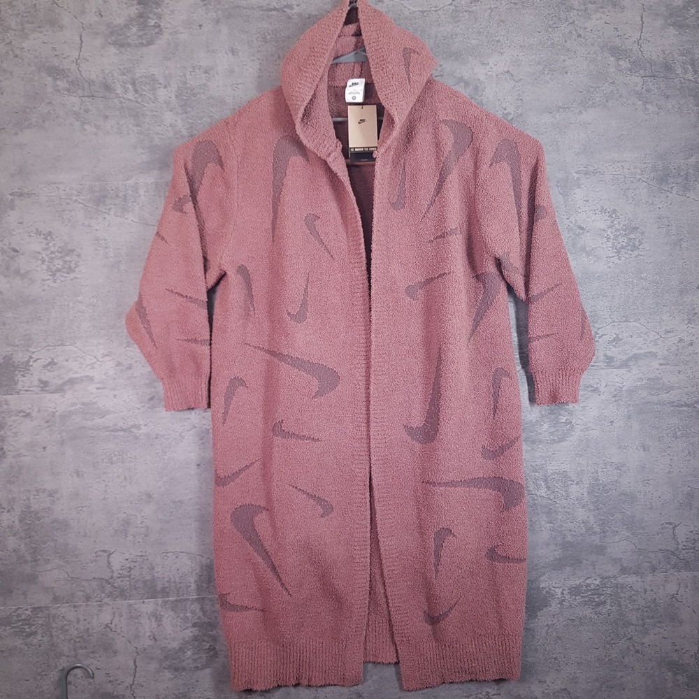 NIKE Sportswear Phoenix Cozy Boucle Long Knit Cardigan Womens LARGE Muave - Picture 2 of 5